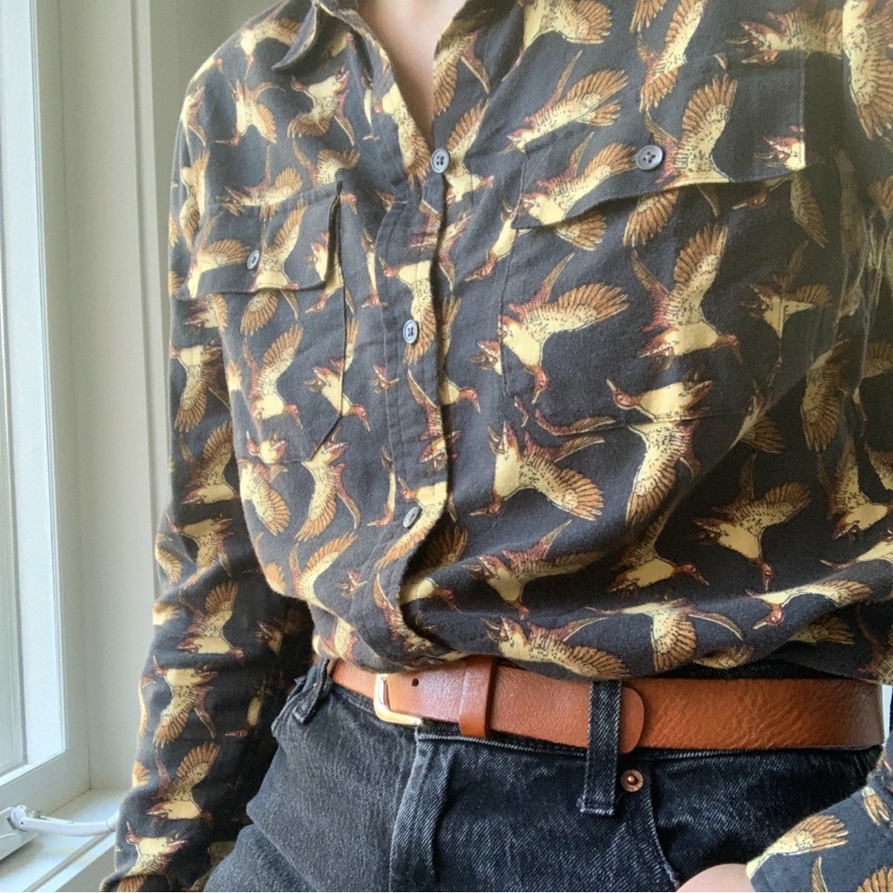 L.L. Bean Black Button-Down Shirt with Gold Bird Print - Picture 6 of 12